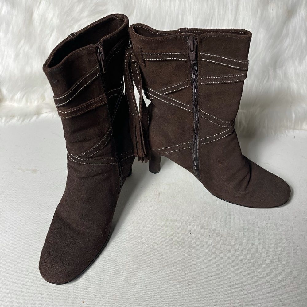 Bisou Bisou brown leather suede booties with side zipper crisscross stra…